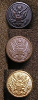 Melton overcoat button types: Blackened brass, plastic, and gilt.