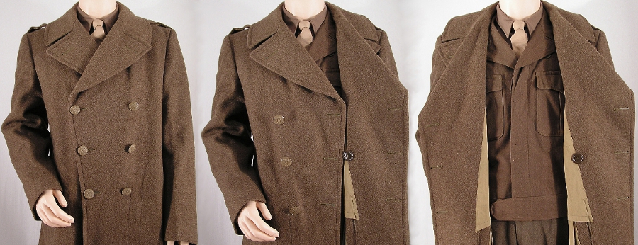 Front close-up of the melton wool overcoat showing the inner retaining button and its corresponding button hole, which was introduced in January 1945.
