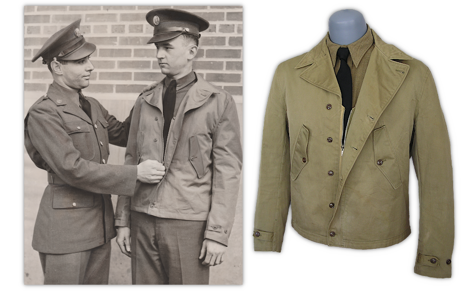 Left: Privates John Herman (left) and Franklin Drastal (right) help introduce the Army's new field jacket in this press photo released in March, 1941 (ACME Photo). Right: The field jacket as it appeared in late 1940 featuring a zipper front covered by a button-up flap.