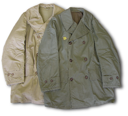 Two mackinaws are overlaid to show the contrasting colors of the early light shade of olive drab (left) and the darker olive drab shade 7 (right). It wasn't until 1945 that the mackinaw specification 252A was produced in the darker shade. Note the honorable discharge lozenge on the right breast of the dark coat.