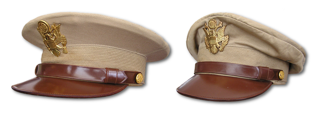 Left to right: Officer's khaki tropical service cap with worsted wool cover and with cotton cover.