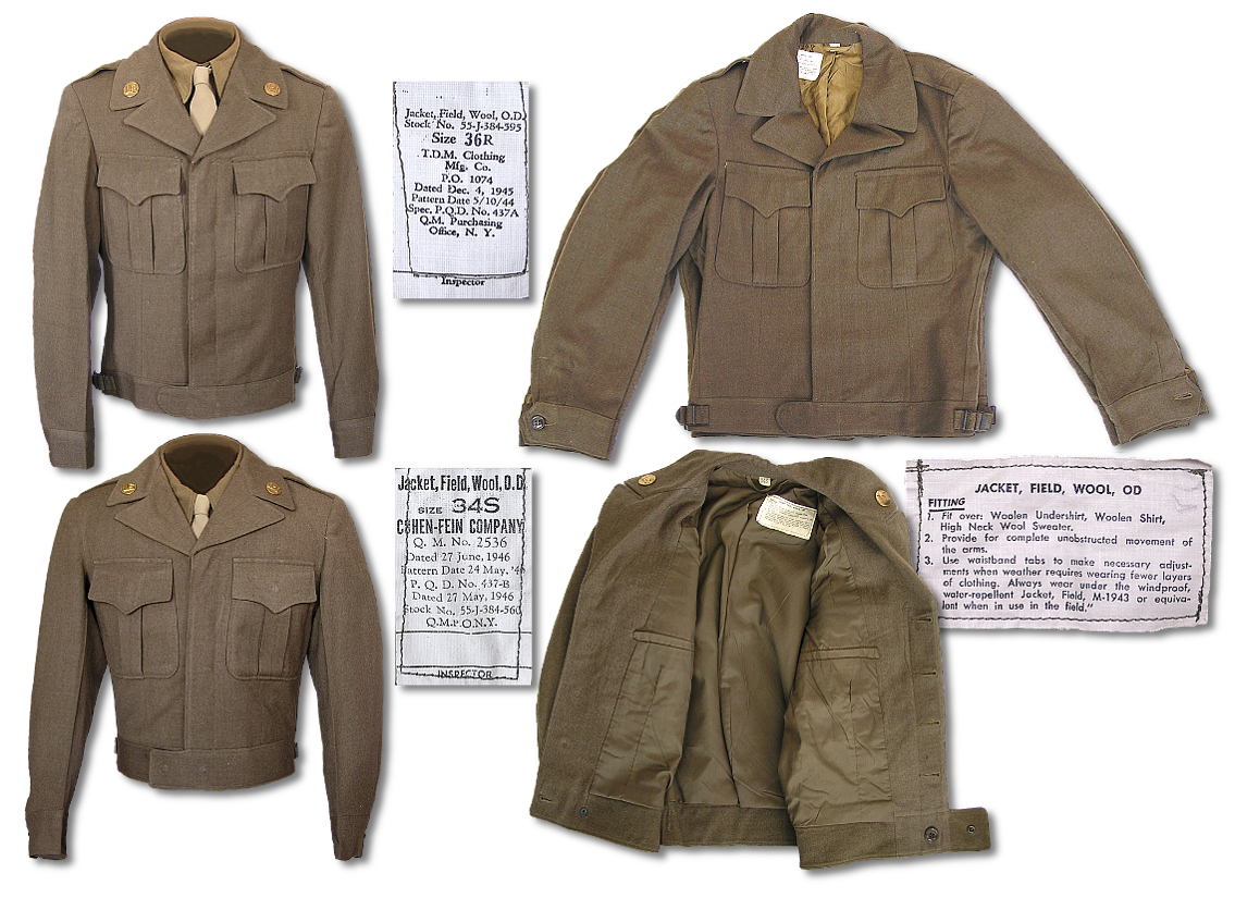 Olive Drab Wool Field Jackets Specifications 437A & 437B with corresponding labels.  The top row shows Specification PQD 437A, bottom row shows Specification PQD 437B.