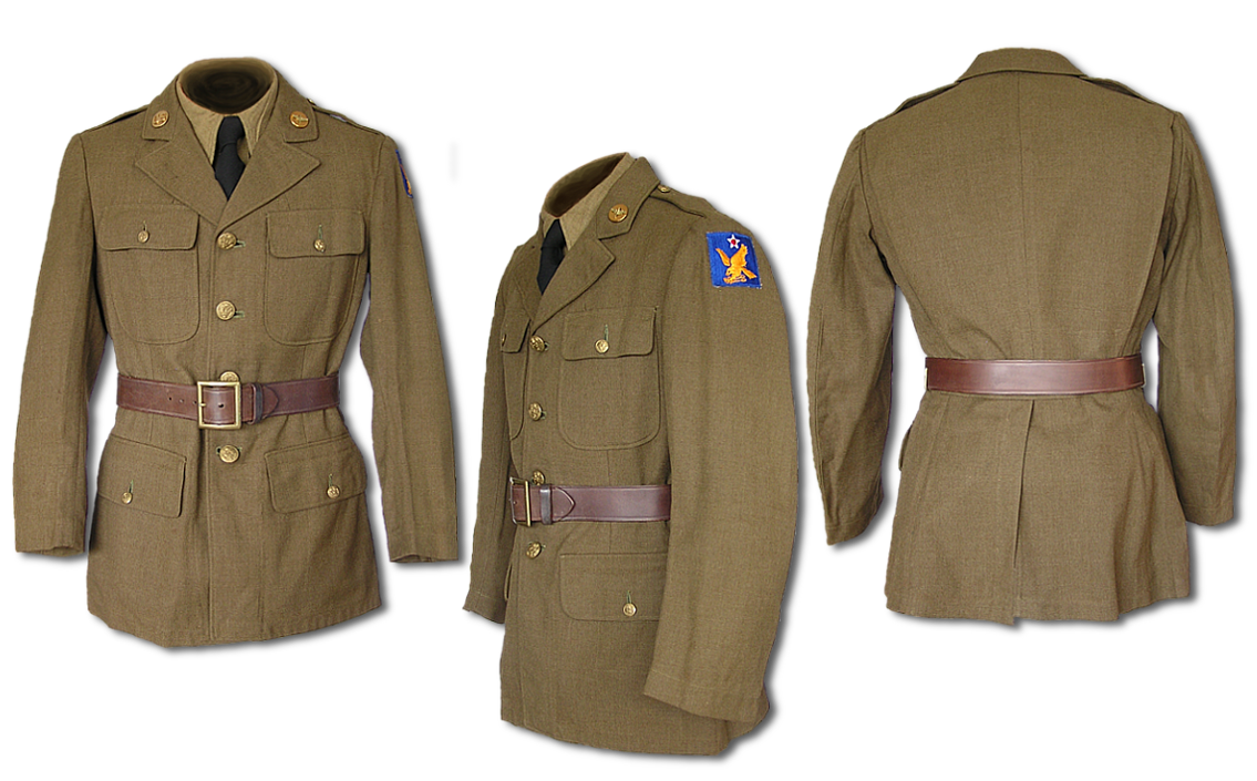 Front, side, and back views of the Enlisted Man's 18 ounce Serge Wool Service Coat, Spec. QMC 8-31D, with garrison belt and bi-swing back.