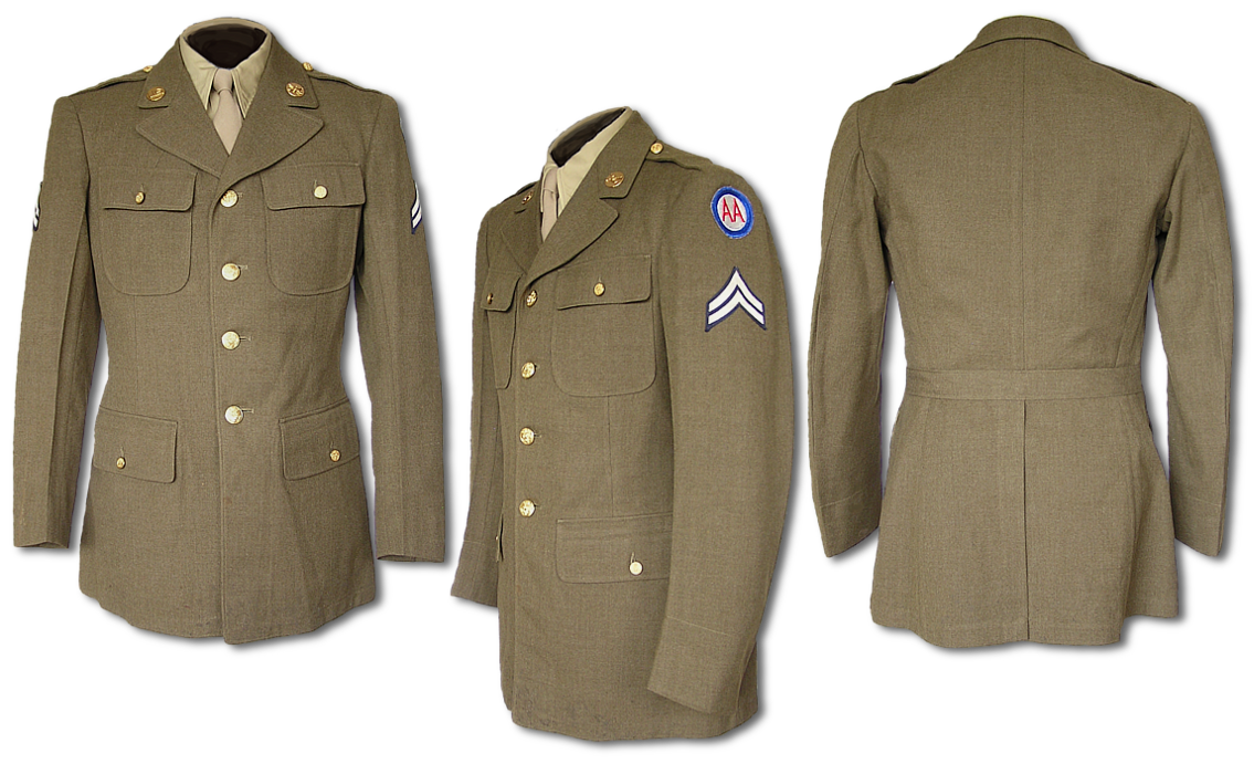 Front, side, and back views of the Enlisted Man's M-1942 18 ounce Serge Wool Service Coat, Spec. PQD 197, with plain back and no belt.