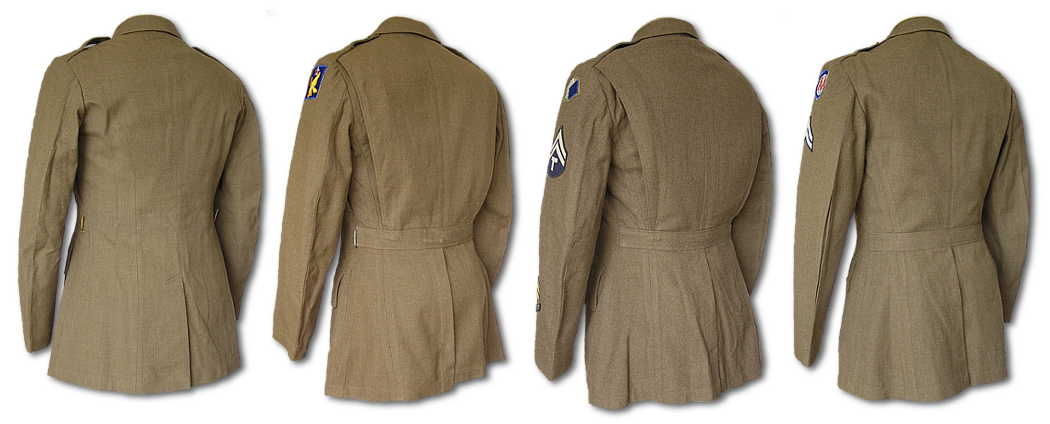 Left to right: Four different service coats from 1938, 1940, 1941, and 1943 showing the changes to the design of the back.