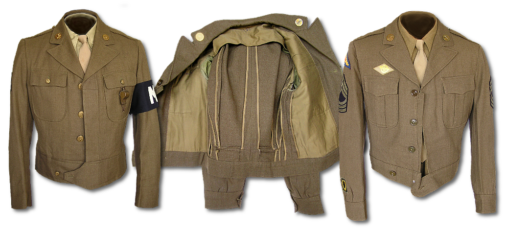 Above, Left and Right: Shown are two examples of service coats tailored to resemble the Olive Drab Wool Field Jacket. Middle: Shown is the partial lining indicative of the wool service coat.