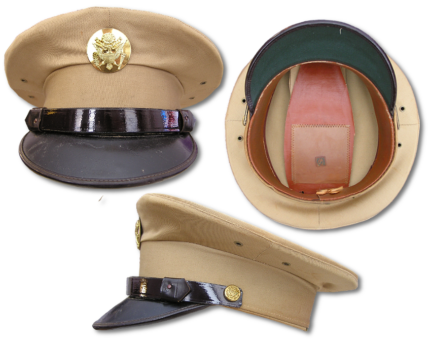 Front, bottom, and side views of an unmarked enlisted man's khaki cotton service cap of the type sold at reatail outlets during the WW2 era.