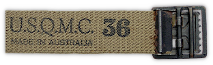U.S. Quartermaster Corps, size, and Made in Australia markings applied by ink onto the reverse of the web belt shown above. U.S. Quartermaster Corps, size, and Made in Australia markings applied by ink onto the reverse of the web belt shown above.