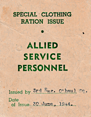 Cover page of a clothing ration coupon book used to obtain reverse lend lease clothing. These booklets were printed by the Australian government and distributed to various Allied units where they were issued to men who needed clothing. This example was issued by the 3rd Engine Overhaul Squadron of the Army Air Force on 30 June 1944. Cover page of a clothing ration coupon book used to obtain reverse lend lease clothing. These booklets were printed by the Australian government and distributed to various Allied units where they were issued to men who needed clothing. This example was issued by the 3rd Engine Overhaul Squadron of the Army Air Force on 30 June 1944.