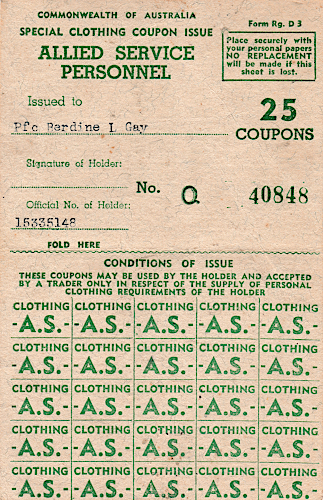 Page two of an unused Australian clothing ration book issued to Private First Class Berdine L. Gay. Each booklet was serial numbered and issued to a specific individual who was then authorized to exchange the coupons for needed clothing. Page two of an unused Australian clothing ration book issued to Private First Class Berdine L. Gay. Each booklet was serial numbered and issued to a specific individual who was then authorized to exchange the coupons for needed clothing.