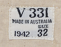 Label for the lightweight, cotton‐wool blend drawers shown to the right. The letter V indicates manufacture in the state of Victoria in Australia. The numbers following the V identify a specific manufacturer. Label for the lightweight, cotton‐wool blend drawers shown to the right. The letter V indicates manufacture in the state of Victoria in Australia. The numbers following the V identify a specific manufacturer.