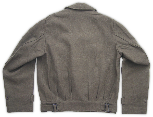 Rear view of the reverse lend lease wool field jacket. Note the lower waist darts, waistband adjustment buckles, and cuff closure button. The jacket was unlined and fully bloused across the chest and back. Rear view of the reverse lend lease wool field jacket. Note the lower waist darts, waistband adjustment buckles, and cuff closure button. The jacket was unlined and fully bloused across the chest and back.