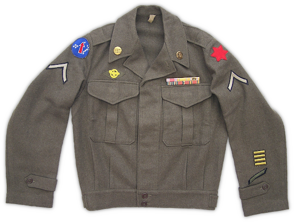 Australian made reverse lend lease wool field jacket. This design was issued to American troops in Australia as a substitute for the U.S. made cotton field jacket. Insignia includes Far East Forces patch on right shoulder, Sixth Infantry Division patch on left shoulder, private first class chevrons, U.S. collar insignia, gold overseas bars and diagonal enlistment stripe on left cuff, and an honorable discharge emblem on the right breast. The ribbon bars on the left breast from left to right, top to bottom are good conduct, national defense, Pacific Campaign, American Campaign, Philippine Liberation, and WW2 victory. Australian made reverse lend lease wool field jacket. This design was issued to American troops in Australia as a substitute for the U.S. made cotton field jacket. Insignia includes Far East Forces patch on right shoulder, Sixth Infantry Division patch on left shoulder, private first class chevrons, U.S. collar insignia, gold overseas bars and diagonal enlistment stripe on left cuff, and an honorable discharge emblem on the right breast. The ribbon bars on the left breast from left to right, top to bottom are good conduct, national defense, Pacific Campaign, American Campaign, Philippine Liberation, and WW2 victory.