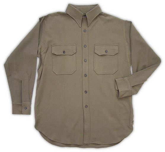 Australian made knit wool shirt patterned on the U.S. Army enlisted man's khaki cotton shirt (specification QMC 6‐241, dated 29 November 1938). Like the trousers, the shirt was cut accurately, but the fabric and color were noticeably different from American shirts. Instead of khaki cotton drill or flannel shirting, a knit wool fabric was used that was considered superior for use in the Australian climate because of its breathability. Australian made knit wool shirt patterned on the U.S. Army enlisted man's khaki cotton shirt (specification QMC 6‐241, dated 29 November 1938). Like the trousers, the shirt was cut accurately, but the fabric and color were noticeably different from American shirts. Instead of khaki cotton drill or flannel shirting, a knit wool fabric was used that was considered superior for use in the Australian climate because of its breathability.