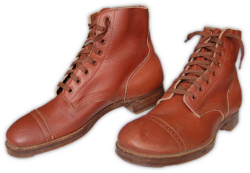 Hobnail service shoes made under the Australian reverse lend lease program. Quantities of these shoes were made for American troops during the War. This type of shoe was preferred by soldiers for wear in the tropical environment of the South Pacific. Note the pebbled finish of the leather. Hobnail service shoes made under the Australian reverse lend lease program. Quantities of these shoes were made for American troops during the War. This type of shoe was preferred by soldiers for wear in the tropical environment of the South Pacific. Note the pebbled finish of the leather.