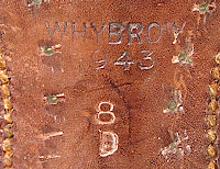 Label located on the shank of the Australian made hobnail service shoes shown to the right and below. The manufacturer is Whybrow, the contract year 1943, and the size is 8D. Whybrow was a large shoe manufacturer located in Melbourne in the state of Victoria. Label located on the shank of the Australian made hobnail service shoes shown to the right and below. The manufacturer is Whybrow, the contract year 1943, and the size is 8D. Whybrow was a large shoe manufacturer located in Melbourne in the state of Victoria.