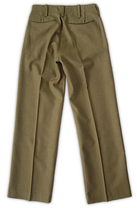 Rear view the Australian made enlisted men's wool trousers. Note the generous amount of material around the seat area just like what is seen on U.S. made examples. Consistent fit was a problem with these trousers which led to the permanent cancellation of all contracts in mid-1943. Rear view the Australian made enlisted men's wool trousers. Note the generous amount of material around the seat area just like what is seen on U.S. made examples. Consistent fit was a problem with these trousers which led to the permanent cancellation of all contracts in mid-1943.