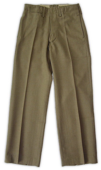 Front view of Australian made enlisted man's wool trousers based on the U.S. Quartermaster specification 8-83B, dated 9 November 1937. Though the trousers are instantly recognizable as the standard U.S. pattern, the type of fabric used was noticeably different from American made 18-ounce serge wool. The color approximated the U.S. required olive-drab shade No. 32, also known as Light Shade. Front view of Australian made enlisted man's wool trousers based on the U.S. Quartermaster specification 8-83B, dated 9 November 1937. Though the trousers are instantly recognizable as the standard U.S. pattern, the type of fabric used was noticeably different from American made 18-ounce serge wool. The color approximated the U.S. required olive-drab shade No. 32, also known as Light Shade.