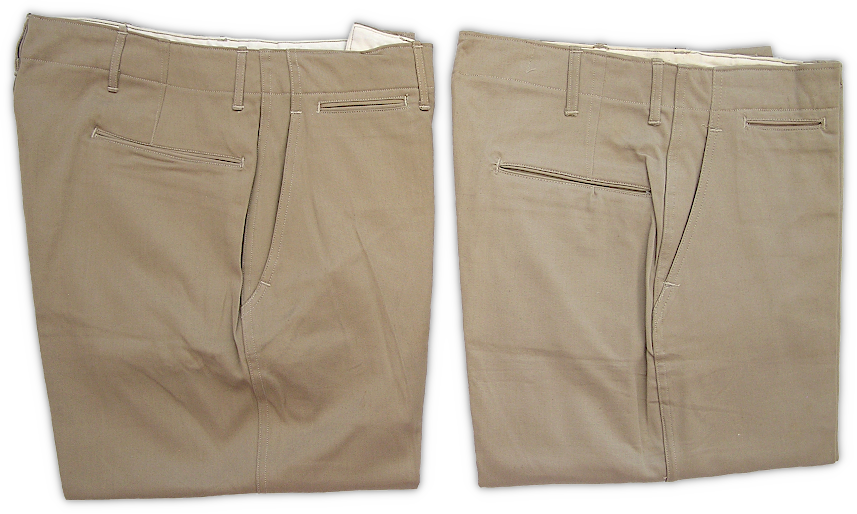 Side‐by‐side comparison of old and new trouser design. In early March 1942, approval was given to alter the pattern of enlisted men's trousers to improve the fit. This was accomplished by widening the seat and increasing the rise (distance from the crotch to the top of the waistband). The easiest way to distinguish between the two is to observe the distance from the rear pocket opening to the top of the waistband. Note that this distance is greater on the pair of trousers to the right. These changes were implemented on both specification 6‐254 and 19A trousers. Side‐by‐side comparison of old and new trouser design. In early March 1942, approval was given to alter the pattern of enlisted men's trousers to improve the fit. This was accomplished by widening the seat and increasing the rise (distance from the crotch to the top of the waistband). The easiest way to distinguish between the two is to observe the distance from the rear pocket opening to the top of the waistband. Note that this distance is greater on the pair of trousers to the right. These changes were implemented on both specification 6‐254 and 19A trousers.
