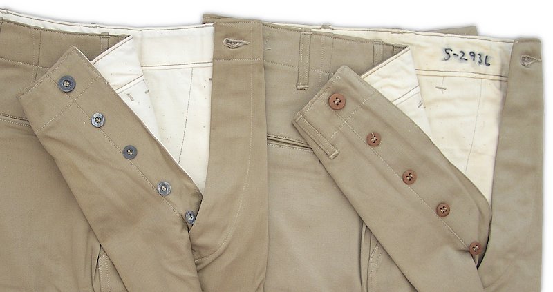 A side‐by‐side comparison showing the progression of buttons used on khaki trousers. Prior to 1942, buttons were dish shaped, made of zinc, and had U.S. Army imprinted on the face. Dished buttons were standard on khaki breeches and denim work garments prior to trousers being adopted. Starting in 1942, as breeches and denim garments were being phased out, brown plastic buttons became the norm for khaki trousers. In either case, the waistband button was 27‐ligne and fly buttons were 22‐ligne. A side‐by‐side comparison showing the progression of buttons used on khaki trousers. Prior to 1942, buttons were dish shaped, made of zinc, and had U.S. Army imprinted on the face. Dished buttons were standard on khaki breeches and denim work garments prior to trousers being adopted. Starting in 1942, as breeches and denim garments were being phased out, brown plastic buttons became the norm for khaki trousers. In either case, the waistband button was 27‐ligne and fly buttons were 22‐ligne.