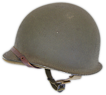 Complete M‐1 steel helmet adopted in June 1941. This helmet assembly consisted of a pot‐shaped steel shell and a separate liner that fit snuggly inside. The suspension system was built into the liner which supported both units on the head. Development of the M‐1 was undertaken in order to improve protection around the sides and back of the head compared to the saucer shaped M‐1917‐A1 helmet. Doctrine was established allowing the liner assembly to be worn alone for light field use and the steel shell added for combat or simulated combat situations. Use of the M‐1 liner allowed several other types of headgear to be eliminated including the cotton field hat, tropical fiber helmet, and olive‐drab service hat. Complete M‐1 steel helmet adopted in June 1941. This helmet assembly consisted of a pot‐shaped steel shell and a separate liner that fit snuggly inside. The suspension system was built into the liner which supported both units on the head. Development of the M‐1 was undertaken in order to improve protection around the sides and back of the head compared to the saucer shaped M‐1917‐A1 helmet. Doctrine was established allowing the liner assembly to be worn alone for light field use and the steel shell added for combat or simulated combat situations. Use of the M‐1 liner allowed several other types of headgear to be eliminated including the cotton field hat, tropical fiber helmet, and olive‐drab service hat.