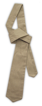 Enlisted men's washable khaki cotton necktie (specification QMC 6‐282, 22 August 1939). This necktie was developed specifically for the khaki cotton uniform and was to be worn tucked between the second and third buttons of the shirt. It was reversible, 43‐inches long, made of 8.2‐ounce cotton twill, and had fully stitched triangular tips. Enlisted men's washable khaki cotton necktie (specification QMC 6‐282, 22 August 1939). This necktie was developed specifically for the khaki cotton uniform and was to be worn tucked between the second and third buttons of the shirt. It was reversible, 43‐inches long, made of 8.2‐ounce cotton twill, and had fully stitched triangular tips.