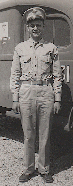 An ambulance driver at Fort Pickett, Virginia in August 1942 wears the summer service uniform topped with a khaki cotton service cap. Per regulations, the necktie is worn tucked between the 2nd and 3rd buttons of the shirt. Note the front button placket on the shirt. An ambulance driver at Fort Pickett, Virginia in August 1942 wears the summer service uniform topped with a khaki cotton service cap. Per regulations, the necktie is worn tucked between the 2nd and 3rd buttons of the shirt. Note the front button placket on the shirt.