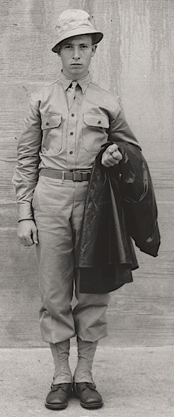 U.S. Army photograph published 20 June 1941 showing the dismounted khaki cotton field uniform. The khaki shirt and trousers are worn with a cotton field hat and canvas leggings. An unknown type of raincoat is draped over the soldier's arm. Raincoats were considered an essential part of the field uniform and were carried in the field pack when not in use. U.S. Army photograph published 20 June 1941 showing the dismounted khaki cotton field uniform. The khaki shirt and trousers are worn with a cotton field hat and canvas leggings. An unknown type of raincoat is draped over the soldier's arm. Raincoats were considered an essential part of the field uniform and were carried in the field pack when not in use.