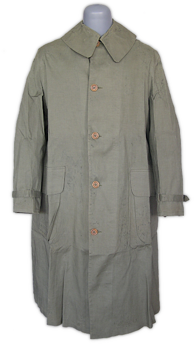 Enlisted men's dismounted M‐1938 rubberized raincoat (specification QMC 20‐104A, 16 January 1940). The M‐1938 raincoat featured a standing and rolling collar with throat latch, outside bellows pockets with slanted flaps, back vent, interior storm flap, and tightening straps on each sleeve. The raincoat was an essential article of field clothing and was carried in the field pack. Pre‐war raincoats were made of rubberized fabric and were fairly elaborate designs. In early 1942, a simplified raincoat made with synthetic resin coated fabric began replacing the rubberized type. Enlisted men's dismounted M‐1938 rubberized raincoat (specification QMC 20‐104A, 16 January 1940). The M‐1938 raincoat featured a standing and rolling collar with throat latch, outside bellows pockets with slanted flaps, back vent, interior storm flap, and tightening straps on each sleeve. The raincoat was an essential article of field clothing and was carried in the field pack. Pre‐war raincoats were made of rubberized fabric and were fairly elaborate designs. In early 1942, a simplified raincoat made with synthetic resin coated fabric began replacing the rubberized type.