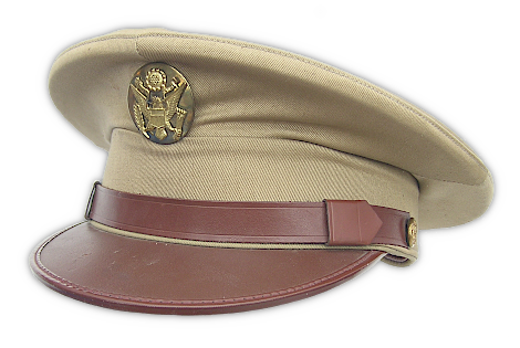 Khaki cotton service cap. In the fall of 1936, the Quartermaster Corps developed a khaki cotton service cap for the enlisted man that featured a removeable cover to permit washing (Caps, Cotton, Khaki, Enlisted Men's; specification dated 5 October 1936). An extra cover and wire stiffener was included with the cap at issue. Procurement of the khaki service cap ended by the late 1930s. However, commercially made caps, like the example shown here, were available for purchase at retail outlets and post exchanges throughout the WW2 period. Khaki cotton service cap. In the fall of 1936, the Quartermaster Corps developed a khaki cotton service cap for the enlisted man that featured a removeable cover to permit washing (Caps, Cotton, Khaki, Enlisted Men's; specification dated 5 October 1936). An extra cover and wire stiffener was included with the cap at issue. Procurement of the khaki service cap ended by the late 1930s. However, commercially made caps, like the example shown here, were available for purchase at retail outlets and post exchanges throughout the WW2 period.