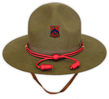 Olive‐drab service hat (Specification QMC 8‐22A, 1940). This was the approved field hat for the khaki cotton uniform in the pre‐war years and is sometimes referred to as a campaign hat. Its awkwardness in confined spaces and the difficulty of storing and maintaining the hat helped cause it to fall out of favor as WW2 approached. It was gradually replaced by the khaki cotton field hat and fiber helmet shown above. Made of beaver colored felt, the design includes a 5 ¼‐inch "Montana Peak", four indentations on the crown, a ⅜‐inch adjustable leather chin strap, and an olive‐drab band and bow 15/16‐inch in width. A branch of service colored cord with acorns and keeper was worn around the base of the crown. Distinctive unit insignia was typically worn attached to the front vent hole, or occasionally the service cap badge. Olive‐drab service hat (Specification QMC 8‐22A, 1940). This was the approved field hat for the khaki cotton uniform in the pre‐war years and is sometimes referred to as a campaign hat. Its awkwardness in confined spaces and the difficulty of storing and maintaining the hat helped cause it to fall out of favor as WW2 approached. It was gradually replaced by the khaki cotton field hat and fiber helmet shown above. Made of beaver colored felt, the design includes a 5 ¼‐inch "Montana Peak", four indentations on the crown, a ⅜‐inch adjustable leather chin strap, and an olive‐drab band and bow 15/16‐inch in width. A branch of service colored cord with acorns and keeper was worn around the base of the crown. Distinctive unit insignia was typically worn attached to the front vent hole, or occasionally the service cap badge.
