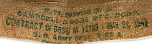 Contractor's label for the olive‐drab service hat shown to the left. Labels were printed in ink on the reverse side of the leather sweat band. This particular hat was made by Campbell & Sons of Yonkers, New York. Contract 12103 was issued on 21 May 1941 for $67,000.00. The contract was completed in October 1941. Contractor's label for the olive‐drab service hat shown to the left. Labels were printed in ink on the reverse side of the leather sweat band. This particular hat was made by Campbell & Sons of Yonkers, New York. Contract 12103 was issued on 21 May 1941 for $67,000.00. The contract was completed in October 1941.