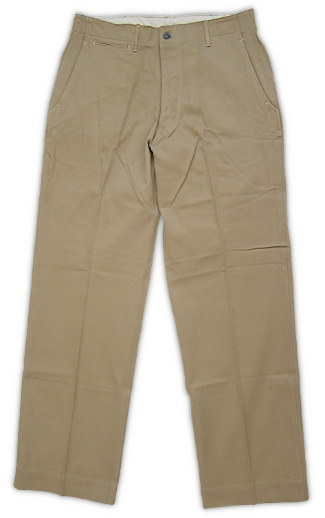 Front view of the enlisted men's 8.2‐ounce khaki cotton trousers (specification QMC 6‐254, 8 November 1937). Trousers began replacing breeches in 1937 with a gradual phase in process that began with the Air Force. On 1 February 1939 trousers became a standard issue item for all enlisted men. Khaki cotton trousers featured double stitched seams, an integral waistband with seven belt loops, and rear waist darts. There were two front pockets with canted openings, two rear slit pockets, and a watch pocket on the right, front below the waistband. All pockets were internally hung. Front view of the enlisted men's 8.2‐ounce khaki cotton trousers (specification QMC 6‐254, 8 November 1937). Trousers began replacing breeches in 1937 with a gradual phase in process that began with the Air Force. On 1 February 1939 trousers became a standard issue item for all enlisted men. Khaki cotton trousers featured double stitched seams, an integral waistband with seven belt loops, and rear waist darts. There were two front pockets with canted openings, two rear slit pockets, and a watch pocket on the right, front below the waistband. All pockets were internally hung.