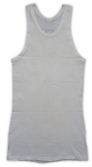 White sleeveless cotton undershirt (specification QMC 6‐233A, 1 September 1936). This was the standard Army undershirt for summer weather and was worn with matching shorts. The color of undergarments was changed after the onset of war and by 1943 most were being manufactured in olive‐drab instead of white. White sleeveless cotton undershirt (specification QMC 6‐233A, 1 September 1936). This was the standard Army undershirt for summer weather and was worn with matching shorts. The color of undergarments was changed after the onset of war and by 1943 most were being manufactured in olive‐drab instead of white.