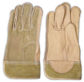 The Army maintained several types of specialized work gloves that were issued depending on the work assignment.  Shown here are Gloves, Leather, Heavy, Specification PQD 35A, dated 19 September 1941. This type of glove was typically worn with one and two‐piece herringbone twill suits when sturdy hand protection was required.