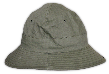 The Herringbone Twill Hat was introduced in the summer of 1941 to be worn with the two‐piece uniform of the same material.  It borrowed the same pattern and specification from the Cotton Field Hat, which was made with khaki cotton twill material and worn with the cotton field uniform. The 360‐degree brim provided a sun visor for the eyes, as well as shade for the ears and back of the neck.