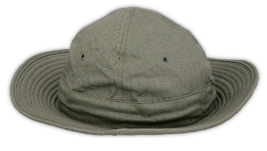 The brim of the herringbone twill hat was designed so that it could be flipped up to clear the field of view when necessary.  This could be done to the front, back, or to the entire brim as shown here.  Soldiers often took advantage of this feature wearing the hat configured according to their own tastes, even though the Army instructed that the hat should be worn with the brim down.