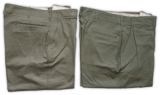 There were minor changes made to the two‐piece herringbone twill uniform during its production run.  Some changes to the trousers under specification QMC 6‐254 are shown here. The pair on the left was made under Amendment No. 1 and bears a contract date of 9 May 1941, while the pair on the right was made according to Amendment No. 2 and was contracted on 16 May 1942.  Under Amendment No. 2, the seat was increased by two inches and the rise of the trousers made greater.  These changes can be visualized by comparing the distance between the rear pocket opening and the top the trousers. Additionally, construction of later trousers was simplified by changing the rear and watch pocket openings from double welt construction to single welt construction. These differences can also be seen when comparing the two trousers in this photo.