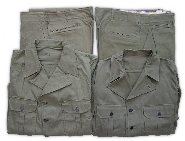 Like most uniforms of the WW2 era, there was plenty of variety in the appearance of the herringbone twill uniform.  Some of these variances included color and material quality.  On the left, the uniform was made in a lighter shade of olive‐drab and has more pronounced striping in the fabric. On the right, the uniform is darker in color and the characteristic striping of the material is much less pronounced.