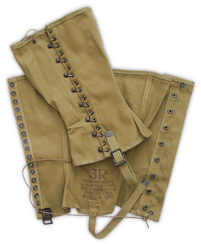 Herringbone twill uniforms were often worn with canvas leggings when campaigning or during field training exercises to protect the lower leg and keep debris out of the shoes and clothing.  In 1938, leggings were universally adopted by the Army when trousers replaced breeches.  Leggings were worn over the high‐top service shoes and with the trousers tucked inside the top.
