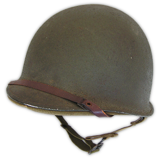 Shown here is the M‐1 helmet, which was also worn with the two‐piece herringbone twill suit for field training and in combat.  In the summer of 1941, the improved, pot shaped M‐1 began replacing the saucer‐shaped M1917‐A1. The M‐1 helmet and two‐piece herringbone twill suit were often paired in the early stages of the counter offensive in the Southwest Pacific Theatre of Operations.