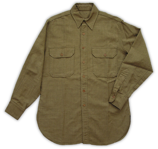 This photo shows the enlisted man's olive‐drab flannel shirt, specification QMC 8‐108, dated 2 August 1937.  This type of shirt was often worn underneath the herringbone twill jacket when required for warmth.
