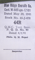 Herringbone twill jackets procured by the Army were required to have a contractor's label located inside the right pocket.  This is the label for the jacket pictured above and shows it was manufactured by the Blue Ridge Overalls Company of Christiansburg, Va.   Contract 12101 was issued on 20 May 1941 for $188,000 and completed in October 1941.