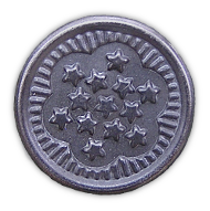 A view of the tack button used on US Army herringbone twill uniforms.  The design on the front comes from the Great Seal of The United States.   This type of button is commonly referred to as the "Burst of Glory" or "13-star"  button and was the standard for early herringbone twill uniforms.  It measured approximately 21⁄32 inches or 26 lines and appeared from 1941 through the end of the war.  Early types were made of brass and had a gray finish. Later types were composed of steel alloy and had a black finish.