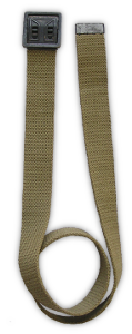 M‐1937 waist web belt worn with the herringbone twill trousers.  This was the standard belt worn with Army trousers during the WW2 period. It consisted of a 1¼‐inch‐wide olive‐drab cotton belt with a friction buckle clamped to one end and a small metal clip at the other end to prevent unraveling.  Early war models had buckles made of blackened brass, which was later changed to oxidized steel alloy in order to conserve brass for more critical uses.