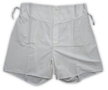 These short white drawers were worn with the sleeveless white undershirt.  Both garments were made in cotton and were designed for summer wear.  They were often worn under the two‐piece herringbone twill work suit in warm weather.