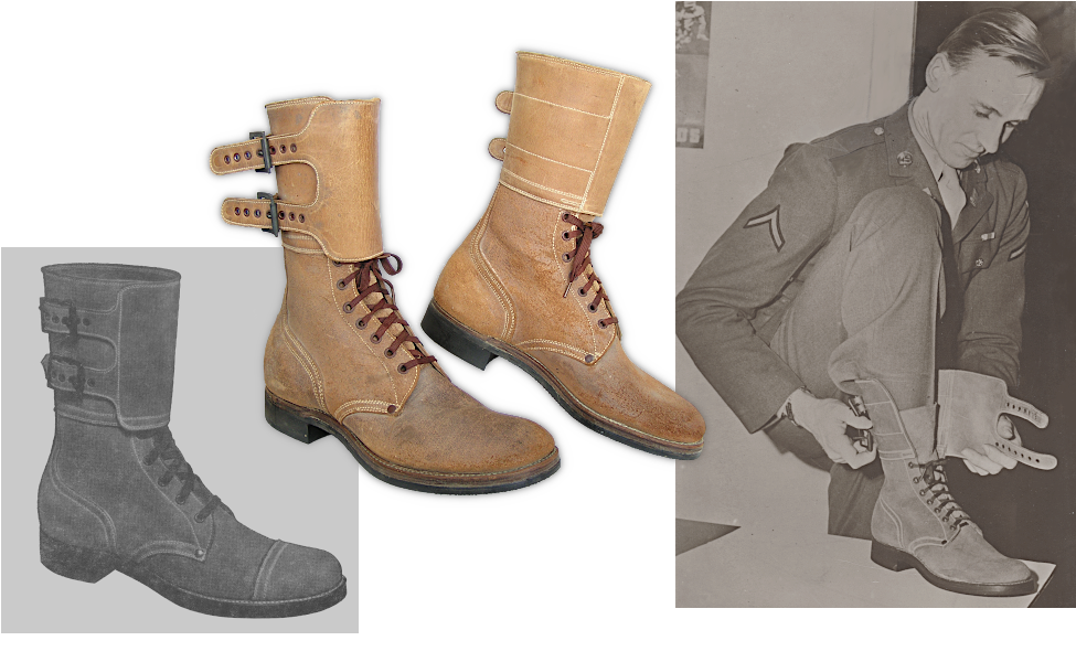 Left: Boots, Field, M-1943, 10-inch as they appeared when tested in the US and North Africa in early 1943.  Center: Boots, Service, Combat, Composition Sole as they appeared when standardized on 19 November 1943. Right:  Pfc. Paul Gable models the newly adopted Combat Service Boot on 4 January 1944 in Washington, D.C.