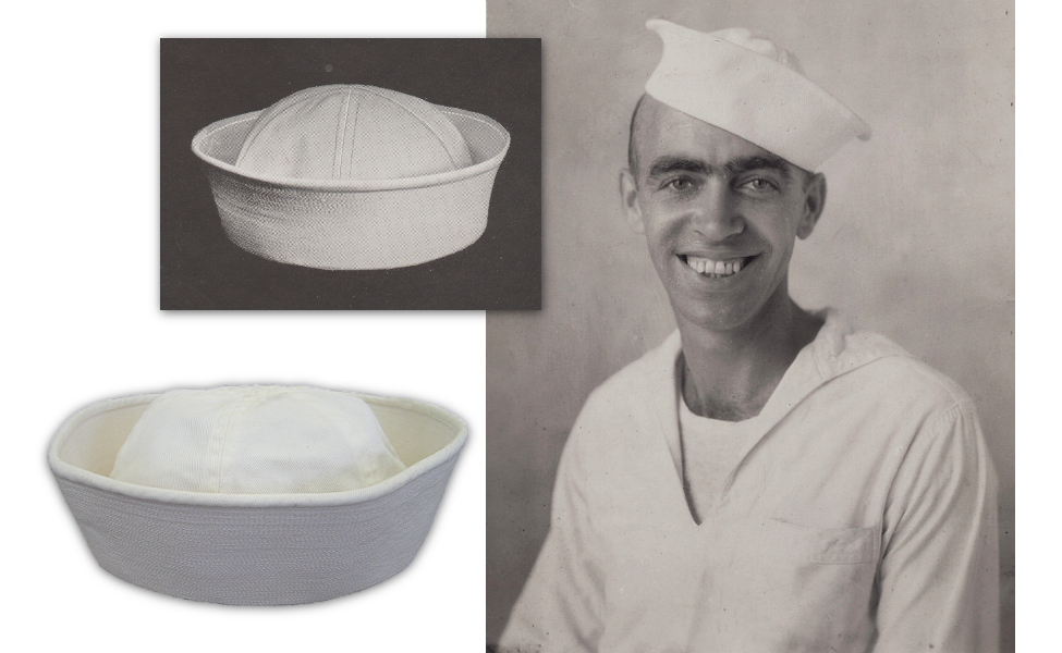 Top, left: The white hat as shown in the 1941 Navy Uniform Regulations. Bottom, left:  The cup shaped profile of the white hat is shown.  Right: A sailor wears the undress white uniform in Manila in October 1945.
