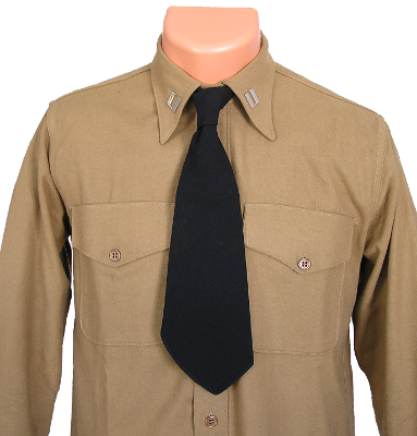 Close-up of US Navy khaki flannel shirt, collar insignia, and necktie.