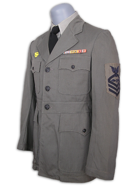 US Navy gray working coat with shirt and necktie.